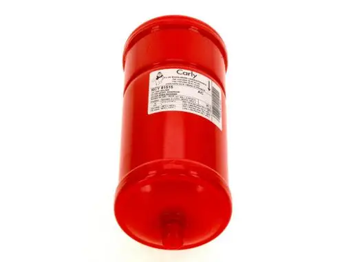 Roter zylindrischer Filter mit Anschlussnach hinten, versehen mit Angaben und einem Barcode, möglicherweise von der Marke Bosch.